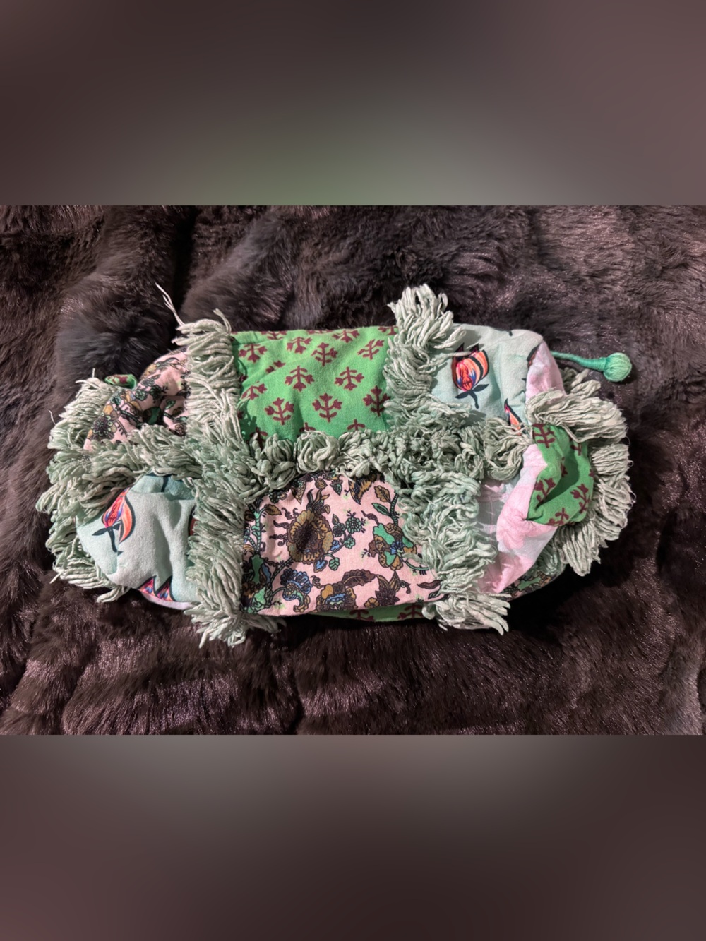 Anthropologie Green Patchwork Shag Fringe Boho Clutch Bag - Picture 3 of 4